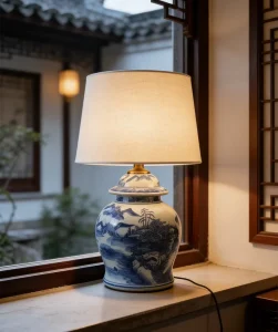 Traditional Chinese Blue & White Ceramic Table Lamp with Landscape Pattern Chinoiserie Home Decor