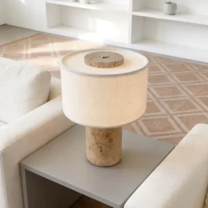 Travertine Base Battery Operated Simple Modern Minimalist Bedside Table Lamp with Fabric Shade