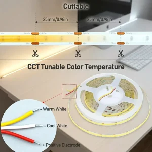 Tunable White COB LED Strip 608 LEDs 24V 14W CRI90 2700K-6500K IP33 for Studio and Video Conference Lighting