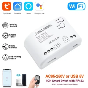 Tuya Smart WiFi 1CH Smart Switch Relay RF433 Remote Control AC85 250V 10A 2200W Works with Alexa Google Home PST TYAC 1CH