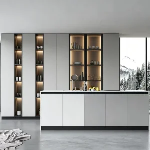 Two-Tone Gray White Wood Kitchen Cabinets Custom LED Storage Kitchen Island Furniture