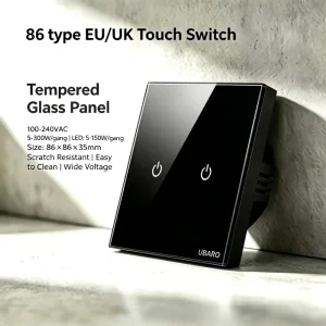 UBARO Tempered Glass Touch Wall Switch 86 UK Single Live Wire 220V 10A Touch Switch No Neutral Wire Required for Home Lighting