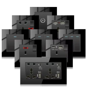 UK 13A Black Wall Light Switch and Power Socket with USB-C 18W Fast Charging, Glass Panel