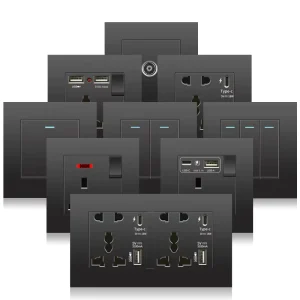 UK 13A Light Switch with 18W USB Type-C Socket Dual USB Wall Power Outlet AC 110-250V