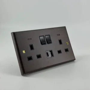 UK Standard Black Walnut Wood Double 13A Socket with USB A+C Wall Switch for Home Hotel