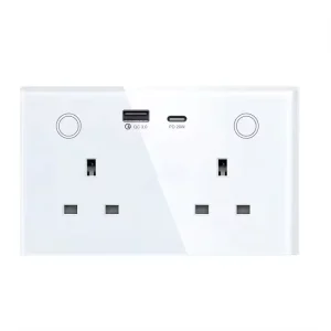 UK Standard Socket Touch Glass Panel WiFi Smart Wall Switch with USB Type-C 220V AC