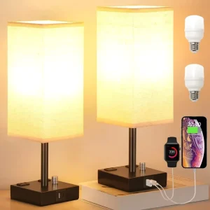 USB C+A Charge Ports Eye Protection Reading Light Table Lamp Fabric Shade Fully Dimmable Bedside LED Desk Lamp
