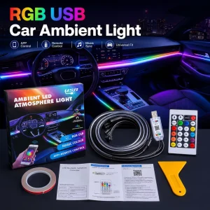 USB Car Ambient LED Strip Kit RGB Cigarette Lighter Plug and Play No Wiring Universal Fit SUV Sedan Truck Interior
