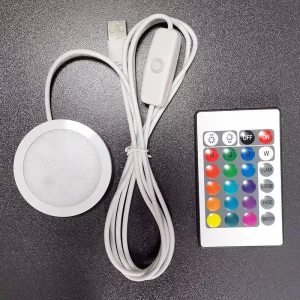 USB RGB LED Cabinet Light with Remote Control Ra90 CRI 2W Surface-Mount Puck Light Kit