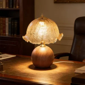 USB Rechargeable French Retro Table Lamp Cracked Glass Shade Wood Grain Ceramic Base with 3 Color Adjustable Light