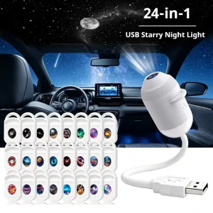 USB Starry Sky Projector Night Light 360° Rotatable LED Star Lamp with Multiple Films for Car Bedroom Home Party Decor