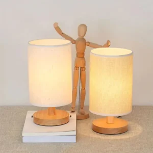 USB-powered Wooden Table Lamp with Fabric Shade Adjustable Night Light for Bedroom Office Dining Room