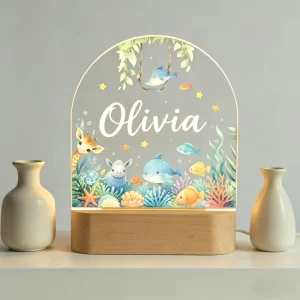 UV-Printed Pattern Acrylic LED Night Light with Wooden Base, USB Powered, Dimmable, Warm Light