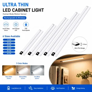 Ultra-Thin Rechargeable LED Cabinet Light Motion Sensor Wireless Under-Cabinet Lighting for Kitchen and Wardrobe