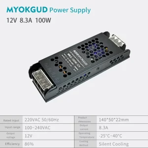Ultra-slim LED Driver for Linear Light Strips 100-240V AC Single-Output 100W 12V DC