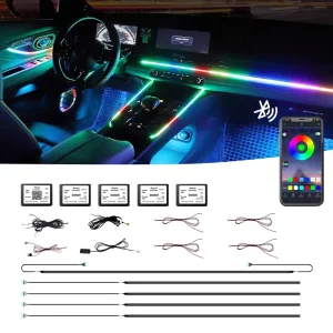 Universal Car LED Ambient Light 6-in-1 64 Colors App Remote Control Acrylic Strips 110cm RGB 12V Car Interior