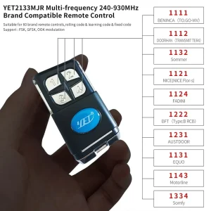 Universal RF Remote Control 240-930 MHz for Garage Door Gate Roller Shutter Motor Replacement Transmitter YET2133MJR
