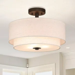 Us Warehouse Free Shipping Semi Flush 2 Tier Fabric Round Contemporary Ceiling Pendant Light for Living Room Dinning Bedroom