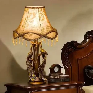 Vintage European Exquisite Table Lamp with Gold Rose Jacquard Shade Retro Crystal Tassels for Bedroom Living Room Home Decor
