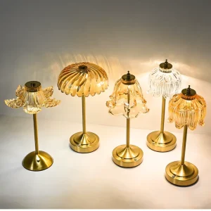 Vintage European Petal Glass Shade Table Lamp Wireless Rechargeable LED Table Lamp Touch Control Decorative Night Lamp