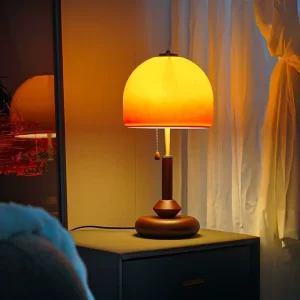 Vintage Glass and Wood Table Lamp Retro Walnut Wood with Yellow Glass Decorative Table Lamp Creative Bedside Lamp for Bedroom