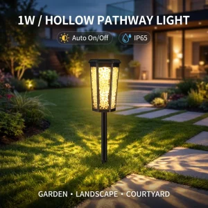 Vintage Hollow Solar Pathway Light 1W IP65 Waterproof Hexagonal Garden Spike Lamp Warm White & RGB Auto for Outdoor Landscape