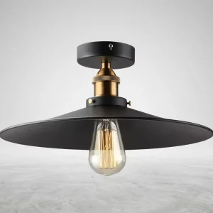 Vintage Industrial Black Iron Shade Semi-Flush Mount Ceiling Light for Cafe and Warehouse