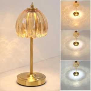 Vintage Rechargeable Glass Table Lamp with Flower Shape Cordless Dimmable Ambient Battery Operated for Bedroom Restaurant Indoor