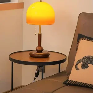 Vintage Retro Orange Wood Glass LED Table Lamp Mid Century Modern Bauhaus Style AC Bedside Nightstand Desk Light Fixture for