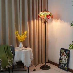 Vintage Tiffany Rose Floor Lamp with Metal Base LED Torchiere