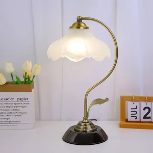 Vintage Tulip Table Lamp with Golden Metal Bend & Walnut Base Bedside & Living Room Ambience Lamp