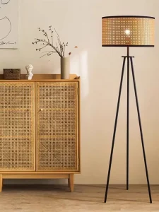 Vintage Wabi Sabi Rattan Floor Lamp Modern Creative Art Lamp for Sofa Side Home Decor Lighting with Hand Woven Rattan Iron Base