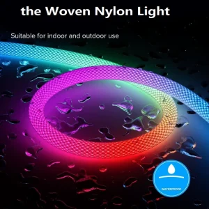 Voice-Control RGB LED Strip with IC Pixel LEDs 360 Woven Nylon Rope Light Dimmable