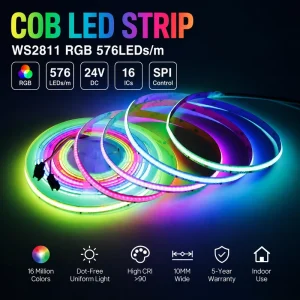 WS2811 RGB COB LED Strip Light, 24V, 576 LEDs/m, SPI Addressable, 16 ICs