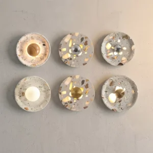 Wabi Sabi Style Translucent Terrazzo Wall Lamp Modern Stone and Wood Sconce Light for Bedroom Bedside Living Room Stair Decor