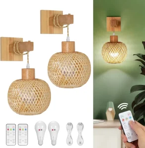 Wall Sconce Battery Operated Rechargeable Rattan Wall Sconces Bamboo Wall Light Lamp Boho Wall Sconce for Bedroom Living Room