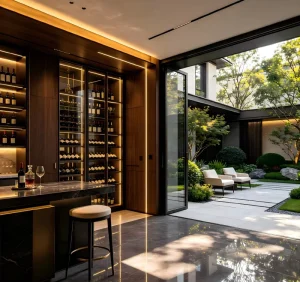Walnut Wood Glass Display LED Whiskey and Wine Cabinet for Living Room