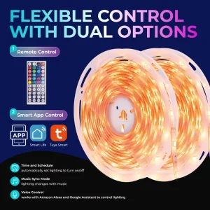Waterproof 13.1ft Smart RGB LED Strip Light Kit with App and Remote Control Music Sync and Voice Assistant Support for Backlight