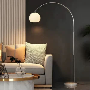 White Arched Floor Lamp Curved Dome Lampshade Adjustable Height Nordic Modern Standing Lamp with Pedal Switch for Living Room