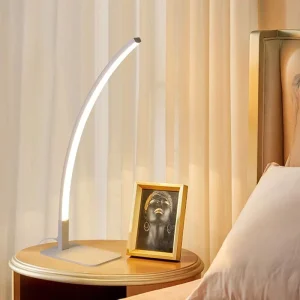 White Curved LED Table Lamp Modern Reading Desk Lamp with 3 Color Temperature Stepless Dimming Nightstand Lamp for Office Study
