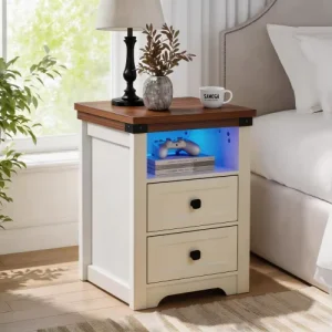 White Farmhouse Nightstand with Charging Station Antique 2 Drawer Bedside Table with Open Shelf for Bedroom Living Room