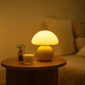 White Mushroom Table Lamp Ceramic Base Plastic Lampshade Dimmable LED Night Light