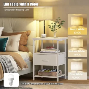 White Nightstand 1 Drawer With Socket and Detachable Lamp Shade 1PC