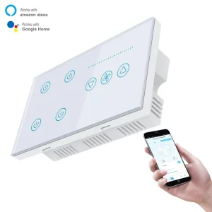 WiFi 4-Gang Smart Light Switch with Fan Speed Control, Glass Panel