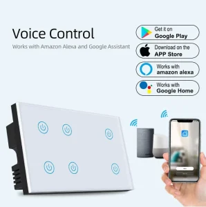WiFi 6-Gang Smart Touch Wall Switch, 240V, EU/UK Standard, Black or White Tempered Glass Panel, App and Remote Control