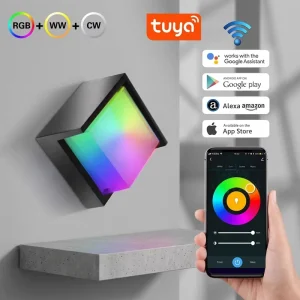 WiFi App-Controlled Smart RGB LED Wall Light with Voice and Remote Control, White Dimmable Outdoor Lighting