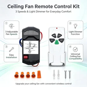 Wireless Ceiling Fan Control System Kit with 3 Fan Speed Modes, Light Dimmer, Remote Switch, 30m Range and 110V AC