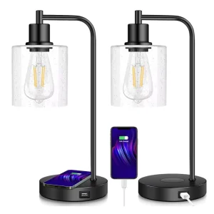 Wireless Charging Industrial Table Lamp 3 Way Touch Control Dimmable Desk Lamp with USB Port Bedside Lamp with Glass Shade