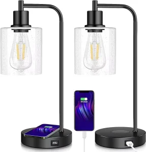 Wireless Charging Industrial Table Lamp Touch Dimmable Black Desk Lamp with USB Port Glass Shade Bedside Nightstand Lamp OEM