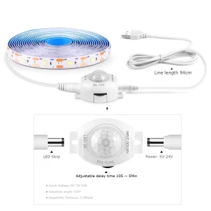 Wireless PIR Motion Sensor 6V USB LED Strip Light, Flexible LED Tape, for Stair, Closet, Kitchen, and Backlight